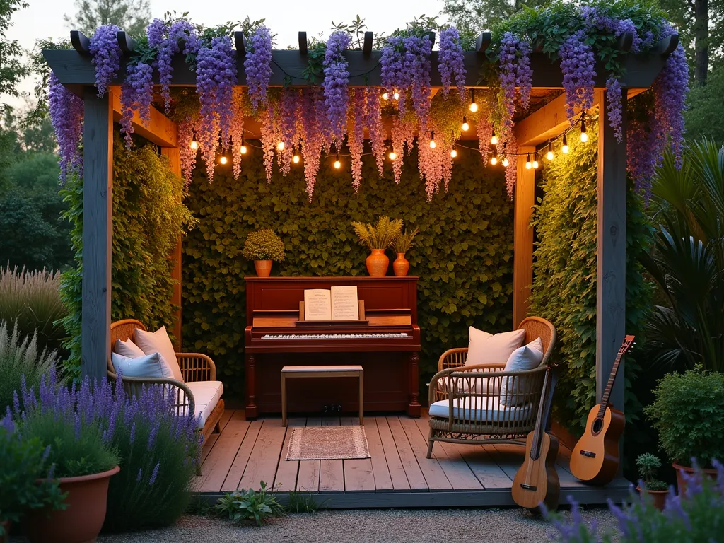 Tranquil Garden Music Nook at Dusk - A cozy garden music corner photographed at golden hour, featuring a wooden pergola draped with wisteria vines and fairy lights. A weathered upright piano sits against a living wall of ferns and ivy, surrounded by plush outdoor cushions and rattan seating. Ornamental grasses and lavender sway gently in the foreground, creating natural sound barriers. Shot with shallow depth of field, capturing the warm evening light filtering through the pergola slats, creating magical light patterns on the rustic wooden deck. String lights twinkle above, while potted bamboo provides additional acoustic screening. A vintage music stand and acoustic guitar rest nearby, suggesting an intimate performance space. The scene is captured with a wide-angle perspective, emphasizing the enchanting atmosphere of this musical sanctuary.