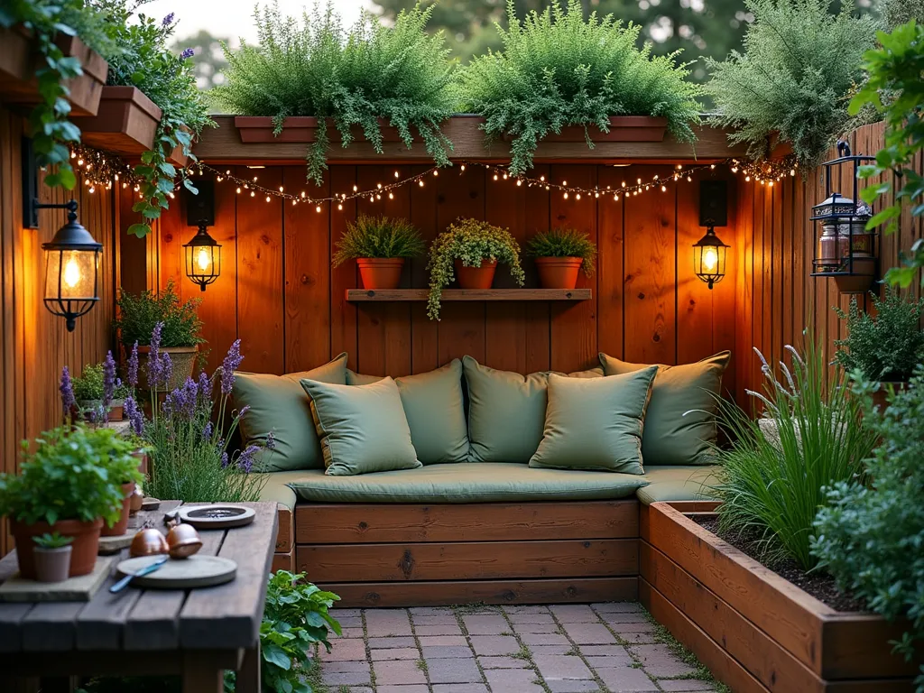 Intimate Herb Garden Sanctuary at Dusk - A cozy garden nook featuring elevated cedar wood raised herb beds arranged in an L-shape, illuminated by warm solar lanterns at dusk. A weathered wooden bench with plush, sage-green cushions nestles between the beds. Above, copper hanging planters cascade with trailing herbs like creeping thyme and oregano. A rustic potting table with vintage mason jars and drying racks sits nearby, while lavender and rosemary release their evening fragrance. Fairy lights weave through the structure, creating a magical atmosphere. Shot from a medium-wide angle to capture the intimate atmosphere of the space, with soft golden hour lighting filtering through the herbs.