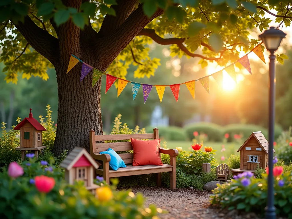 Magical Children's Reading Garden Nook - A whimsical garden reading nook at golden hour, photographed with a wide-angle lens capturing a cozy corner nestled under a mature maple tree. Features a child-sized wooden reading bench with colorful cushions, surrounded by a mini fairy garden with tiny houses and bridges. Rainbow bunting flags flutter overhead between tree branches. Educational plant markers with hand-painted illustrations dot the garden beds filled with sensory plants like lamb's ear, lavender, and mint. A small bubble fountain creates a peaceful atmosphere, while butterfly-attracting flowers add pops of color. Twinkling solar lights are beginning to glow as the sun sets, creating a magical atmosphere perfect for storytelling. Shot at f/2.8 with beautiful bokeh effect highlighting the dreamy environment.