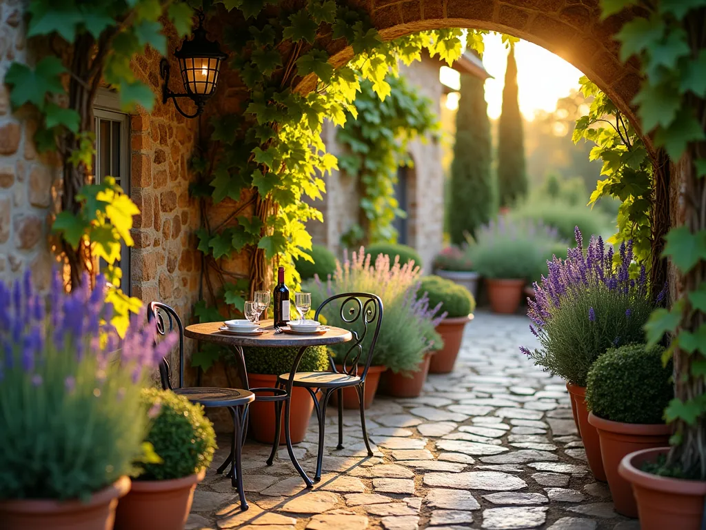 Tuscan Garden Wine Nook at Sunset - A cozy Mediterranean garden nook at golden hour, featuring a weathered wrought-iron bistro table nestled against a rustic stone wall draped with mature grapevines. Terracotta pots of varying sizes contain blooming lavender and tall rosemary bushes, creating layers of texture. Shot from a wide angle (16mm) perspective showing the intimate corner illuminated by warm evening light filtering through the grape leaves, with vintage wine glasses and a bottle of wine on the table. Soft focus background reveals climbing vines and Mediterranean cypress trees. The scene is captured with shallow depth of field, emphasizing the romantic, rustic atmosphere with natural bokeh effects through the foliage.