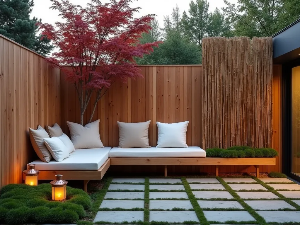 Minimalist Japanese Garden Reading Nook - A serene garden reading nook at dusk, photographed with a wide-angle lens capturing a custom-built pale wood bench nestled against a weathered cedar fence. Crisp white and beige linen cushions adorn the L-shaped bench, while tall bamboo screens provide natural privacy. A young Japanese maple with delicate red foliage creates a focal point, casting gentle shadows on a carefully manicured moss garden below. Natural stone pavers lead to the space, while minimalist copper lanterns emit a warm, ambient glow. The scene is composed with clean architectural lines and zen-inspired simplicity, photographed at f/8 to maintain sharp detail throughout, highlighting the textural interplay between wood, stone, and foliage.