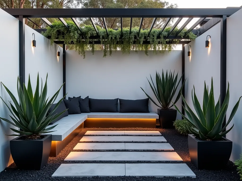 Modern Minimalist Garden Corner Retreat - A stunning modern garden nook at dusk, shot at f/2.8 with a 16-35mm wide-angle lens. Clean-lined concrete L-shaped bench with charcoal cushions nestled in a corner, surrounded by geometric dark metal planters of varying heights. Dramatic architectural agave plants and tall snake plants create bold silhouettes against a smooth white wall. Angular light grey paving stones arranged in a geometric pattern, interspersed with black volcanic gravel. Soft LED uplighting illuminates the plants and creates subtle shadows. Modern metal pergola overhead with minimal climbing vines. Shot from a 45-degree angle to capture depth and architectural lines, with the golden hour sun casting long shadows across the contemporary space.