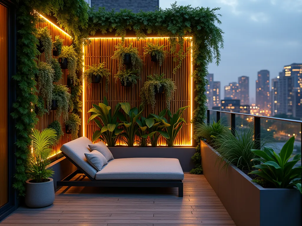 Modern Urban Jungle Nook at Dusk - Intimate garden nook on a modern apartment balcony at dusk, featuring lush vertical garden walls with cascading vines and ferns. Sleek charcoal-colored modern lounger with plush cushions positioned against natural bamboo privacy screens. Abundant hanging plants including pothos and string of pearls creating a canopy effect. Warm LED strip lighting weaving through bamboo and plants casting a magical golden glow. Contemporary concrete planters with tropical monstera and bird of paradise plants. Wide-angle perspective capturing the cozy atmosphere with city lights twinkling in the background.