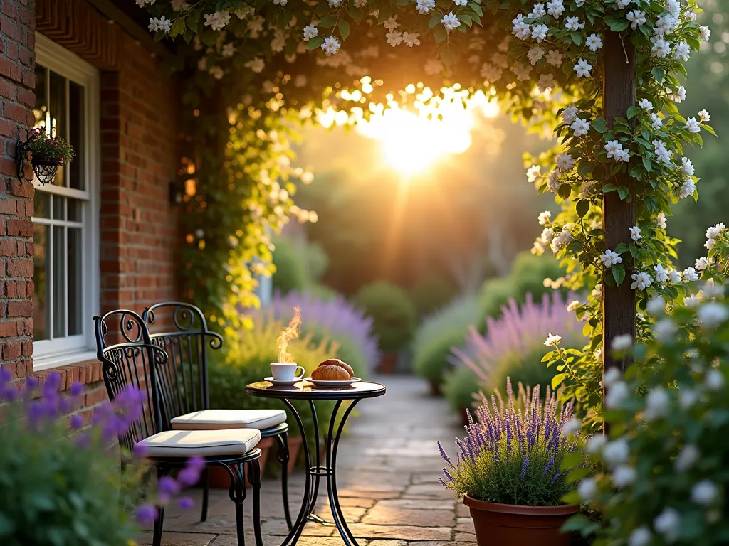 Sunrise Garden Breakfast Nook - A cozy east-facing garden nook at sunrise, bathed in golden morning light. A charming wrought-iron bistro set with cushioned seats nestled against a weathered brick wall draped with blooming star jasmine. A vintage-style round metal side table holds a steaming coffee cup and croissant. White climbing jasmine frames the space, creating a natural pergola effect. Soft morning dew glistens on the surrounding cottage garden featuring lavender borders and potted gardenias. Shot from a 45-degree angle to capture both the intimate seating area and the natural canopy above, with subtle lens flare from the rising sun filtering through the foliage.