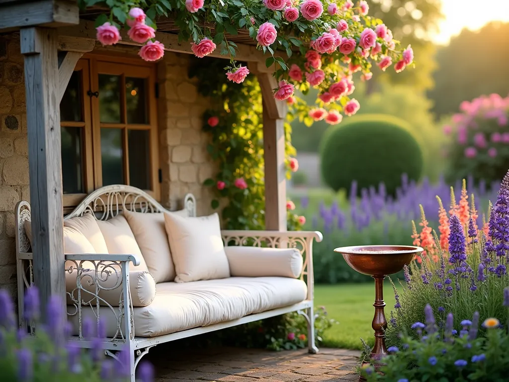 Romantic Cottage Garden Nook - A dreamy garden nook at golden hour, featuring a weathered white iron daybed with plush cream cushions nestled against a rustic stone wall. Climbing David Austin roses in soft pink cascade over an aged wooden pergola, while tall purple delphiniums and coral foxgloves create a magical backdrop. A vintage copper bird bath stands nearby, surrounded by lavender borders. Shot with shallow depth of field highlighting the intricate details of the daybed and flowers, with soft evening sunlight filtering through the rose petals. Professional DSLR photograph with wide-angle lens, f/8, ISO 100, 1/125s, capturing the enchanting cottage garden atmosphere with natural lighting.