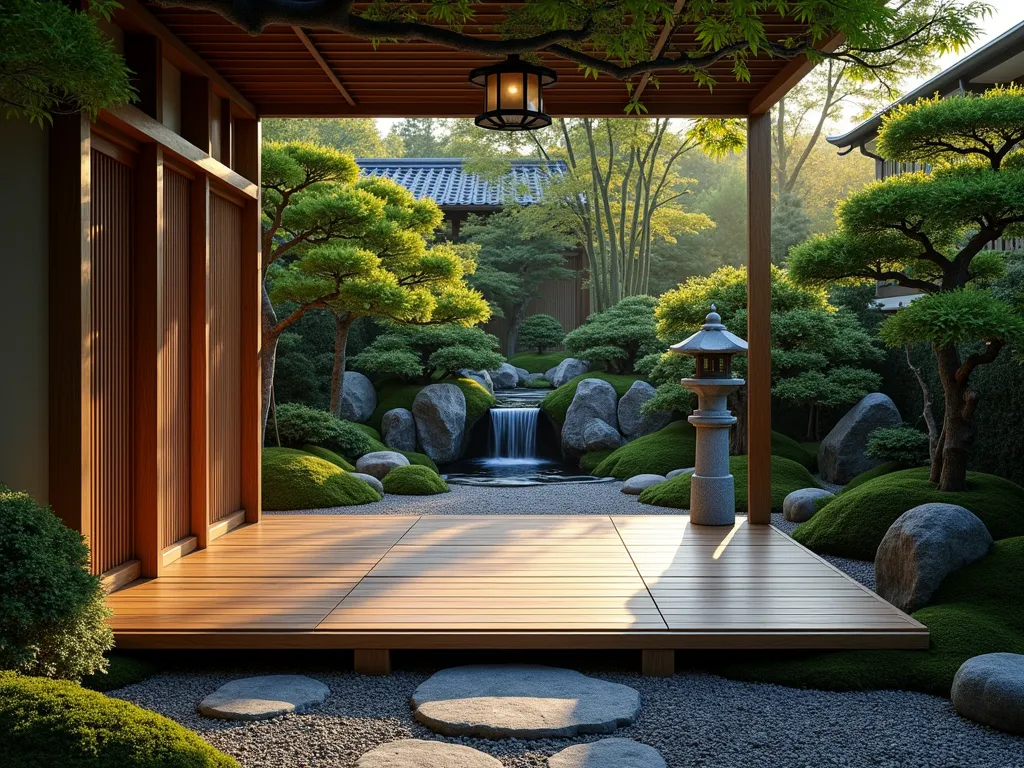 Serene Japanese Tea Garden Nook - A tranquil Japanese tea garden nook at dusk, photographed with a wide-angle lens capturing an intimate wooden platform elevated slightly off the ground, adorned with traditional tatami mats. Meticulously pruned Japanese maple and bonsai trees frame the space, while a granite stone lantern casts gentle shadows. A bamboo water fountain creates a peaceful cascade in the background, surrounded by moss-covered stones. Soft evening light filters through bamboo stems, creating a magical atmosphere. The scene includes carefully raked gravel patterns and stepping stones leading to the meditation space. Shot with a DSLR camera, f/8 aperture, capturing the rich textures and peaceful ambiance of this authentic Japanese garden sanctuary, hyperrealistic, 8k resolution.