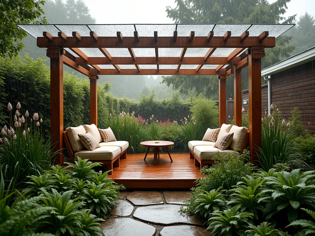 Serene Rain Garden Nook - A cozy, contemporary garden nook with a transparent polycarbonate roof pavilion, shot during a light afternoon rain. Wide-angle view showing a modern wooden pergola structure with clear roofing, housing plush weatherproof seating and soft cushions. Below, a thoughtfully designed rain garden features layers of moisture-loving ferns, Japanese iris, and swaying ornamental grasses. Water droplets visible on the roof, creating a mesmerizing pattern. Natural stone pathway leading to the seating area, surrounded by lush hostas and astilbe in full bloom. Warm, diffused lighting filtering through the rain clouds, creating a peaceful atmosphere. Shot with a 16-35mm lens at f/2.8, ISO 400, capturing the tranquil atmosphere and connection between covered sanctuary and natural elements.