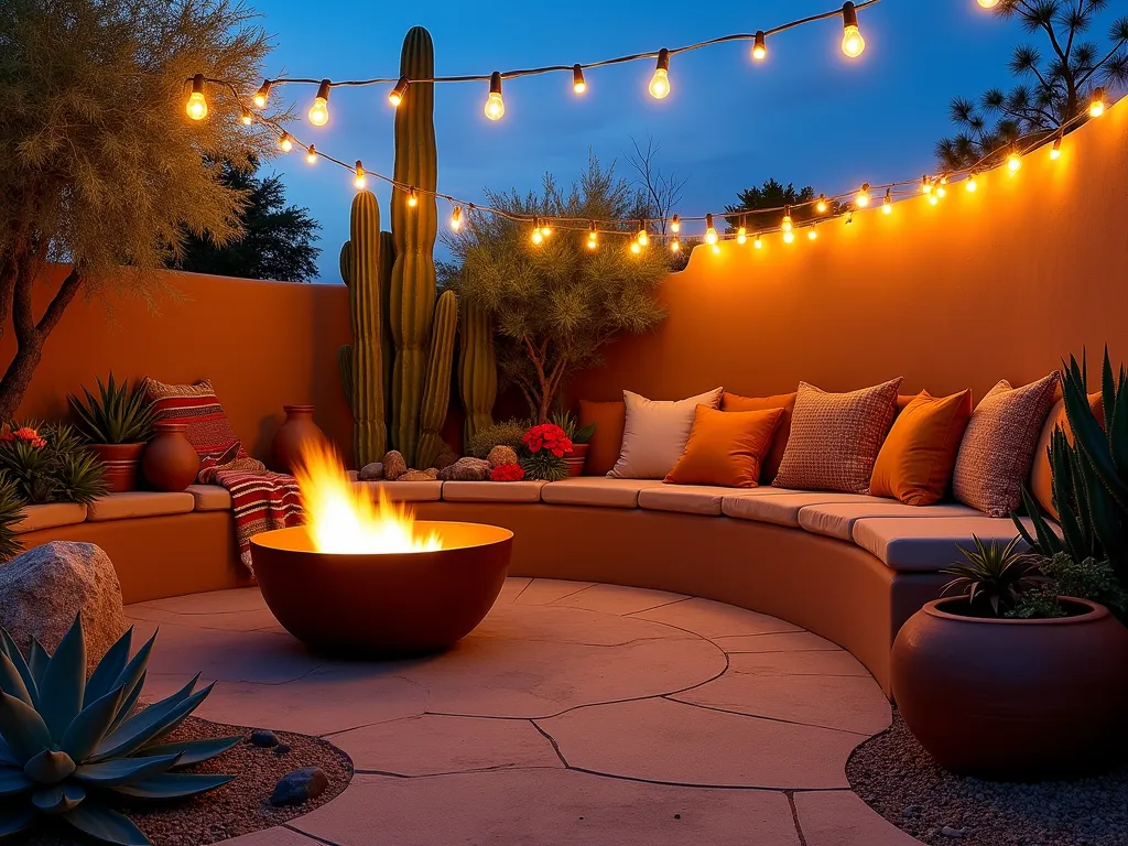 Southwestern Garden Nook at Twilight - A cozy southwestern garden nook photographed at twilight with a 16-35mm lens, f/2.8, ISO 400. The scene features a curved adobe-style built-in bench with earth-toned cushions nestled against a warm terracotta wall. A rustic copper fire pit glows with gentle flames, casting warm light on the surrounding desert landscape. Large decorative boulders and carefully placed rocks create natural texture, while an artistic arrangement of barrel cacti, agave, and flowering desert plants add architectural interest. Strings of warm Edison lights draped overhead create a magical ambiance, complementing the deep blue twilight sky. Terra cotta pots with dramatic succulents frame the space, while a handwoven Mexican blanket adds a pop of color and comfort to the seating area.