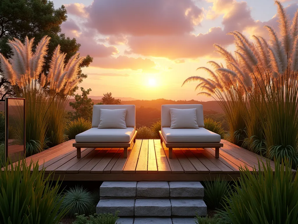 Tranquil Sunset Garden Platform - Photorealistic wide-angle shot of an elevated wooden deck platform nestled in a garden, captured during golden hour. The platform features two modern teak loungers with plush cream cushions positioned to face the setting sun. Tall, wispy Miscanthus sinensis and Mexican feather grass sway gracefully around the platform's edges, their silver-gold plumes backlit by the warm sunset. Natural stone steps lead up to the platform, while purple and orange-hued sky reflects off glass wind barriers on either side. Shot with a 16-35mm lens at f/2.8, ISO 400, creating a dreamy depth of field that emphasizes both the intimate seating area and the spectacular sunset view. Japanese forest grass and low-growing sedges soften the platform's base, creating a seamless transition to the surrounding garden landscape.