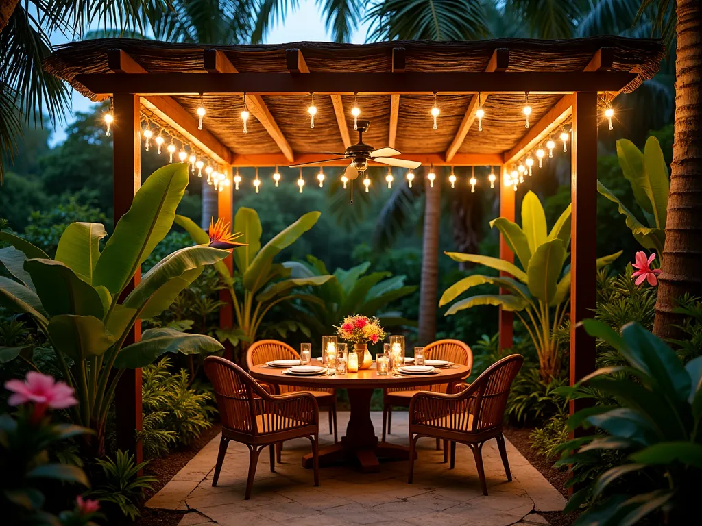 Lush Tropical Garden Dining Nook at Dusk - A DSLR wide-angle photo capturing an intimate outdoor dining nook at dusk, nestled within a lush tropical garden setting. A round wooden dining table with comfortable rattan chairs sits beneath a natural wooden pergola draped with twinkling string lights. Towering banana plants with broad leaves frame the left side, while mature palm trees create a natural canopy overhead. Vibrant bird of paradise flowers and pink hibiscus bloom nearby, adding splashes of tropical color. A modern brushed bronze ceiling fan spins gently above the table, which is set with elegant place settings and hurricane lanterns. Soft ambient lighting creates a magical atmosphere, with golden light filtering through the tropical foliage. The composition shows the intimate scale of the dining nook while highlighting its seamless integration into the surrounding garden landscape, f/8, ISO 100, 1/125s.