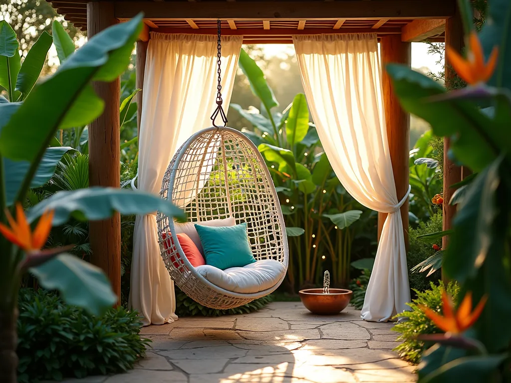 Luxurious Tropical Garden Nook with Hanging Pod - A stunning garden nook featuring a white rattan hanging egg chair nestled in a lush tropical corner, photographed during golden hour. The pod is suspended from a sturdy wooden beam, draped with flowing white outdoor curtains for privacy. Surrounding the chair are towering banana trees with broad emerald leaves, vibrant orange bird of paradise flowers, and dense tropical foliage creating a natural canopy. Plush turquoise and coral cushions adorn the chair, while a small copper bowl water feature creates gentle ripples nearby. Warm evening light filters through the leaves, casting dappled shadows on the natural stone pavers below. Shot with a wide-angle lens at f/8, capturing the entire cozy sanctuary while maintaining crisp detail throughout the scene. Subtle outdoor string lights weave through the foliage, adding a magical ambiance.