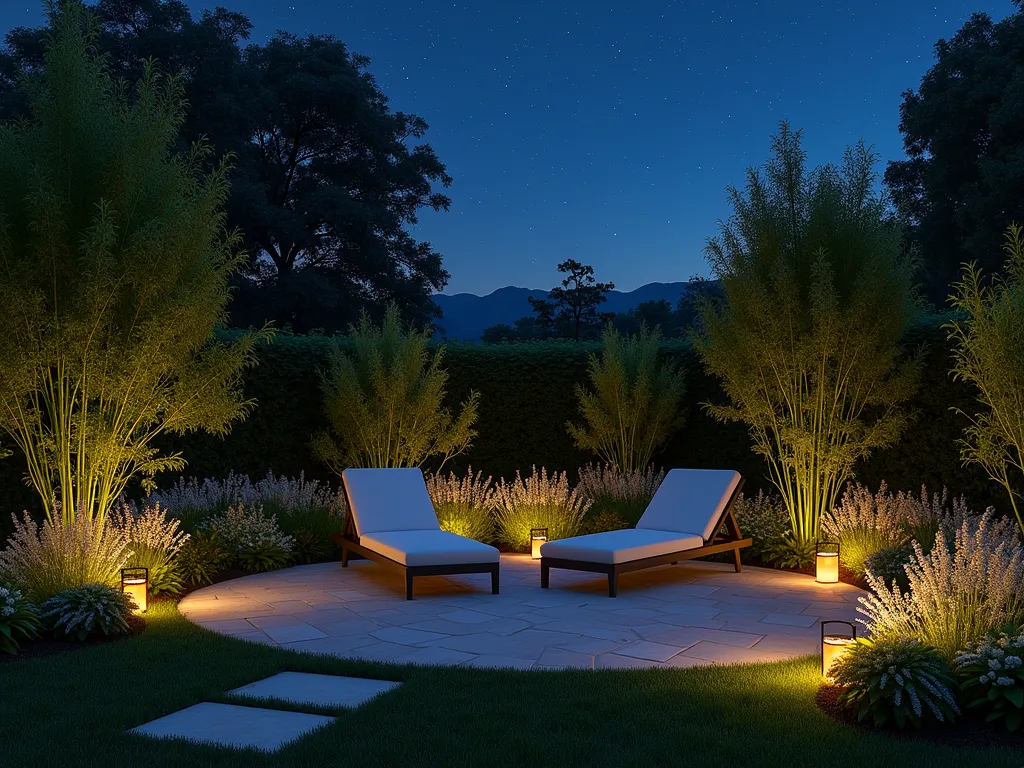 Twilight Garden Stargazing Nook - A serene nighttime garden nook featuring two modern reclining loungers on a circular stone patio, surrounded by ethereal night-blooming jasmine and moonflowers. Subtle copper path lights illuminate the ground, while delicate string lights are woven through nearby ornamental grasses. The open sky above is filled with visible stars, creating a magical atmosphere. Evening primrose and white datura flowers glow in the moonlight, while tall bamboo provides gentle privacy without blocking the celestial view. The scene is captured from a low angle, emphasizing the connection between the cozy seating area and the vast starlit sky above.