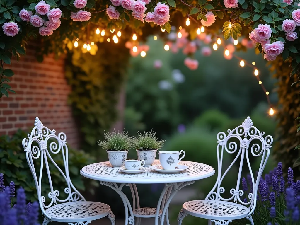 Victorian Garden Tea Nook at Dusk - A dreamy garden nook at dusk, featuring an ornate white wrought-iron table and two matching chairs, photographed from a medium-wide angle. Climbing pink David Austin roses cascade over an elegant metal arch above, while French lavender borders create a purple haze at ground level. Vintage porcelain teacups repurposed as succulent planters adorn the table, alongside a classical silver tea set. Warm, golden fairy lights are strung overhead in a canopy formation, casting a magical glow across the scene. The nook is set against a weathered brick wall partially covered in ivy, with soft bokeh effects in the background. Shot with natural twilight illumination complemented by the ethereal sparkle of fairy lights. 8K, ultra-detailed, dramatic lighting, professional photography