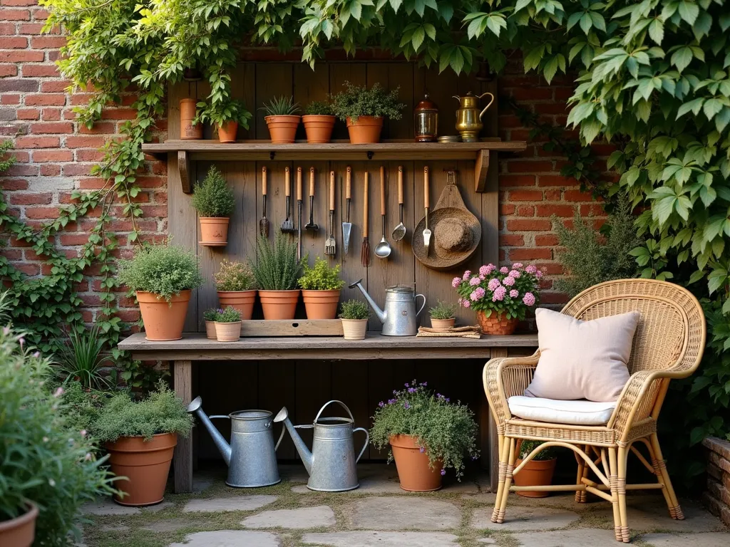 Vintage Garden Potting Corner at Dawn - A cozy garden nook at dawn featuring a weathered wooden potting bench against a rustic brick wall, photographed with a 16-35mm lens at f/2.8, ISO 400. Morning light filters through climbing jasmine, casting dappled shadows on an array of terracotta pots and vintage gardening tools hung artistically on a distressed wooden tool organizer. A comfortable wicker chair with plump cushions sits nearby, surrounded by aromatic herb planters containing rosemary, thyme, and sage. Antique watering cans and galvanized buckets add character, while mason jars filled with cut flowers bring color to the workspace. Natural wood textures and morning dew create a dreamy atmosphere in this functional yet romantic gardening sanctuary.