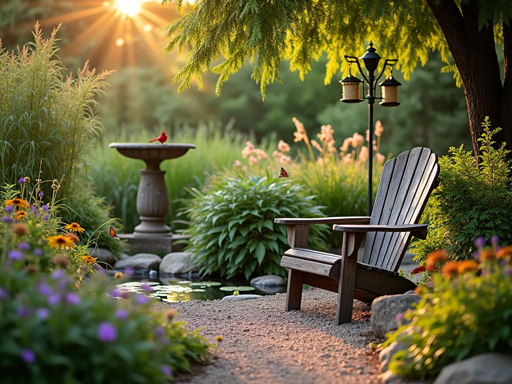 Serene Wildlife Garden Nook - A secluded garden nook photographed during golden hour, featuring a weathered wooden Adirondack chair nestled among tall ornamental grasses and flowering shrubs. A small, natural-looking pond with water lilies sits nearby, surrounded by river rocks and native wildflowers. Multiple bird feeders hang from a graceful Japanese maple tree, while butterflies hover around purple coneflowers and black-eyed susans. The scene is captured from a medium-wide angle, showing how the space is naturally screened by climbing jasmine and bamboo. Soft, warm sunlight filters through the foliage, creating dappled shadows on the crushed gravel path leading to the seating area. A stone bird bath stands in the background, with a cardinal perched on its rim. Shot with shallow depth of field to create a dreamy, intimate atmosphere.