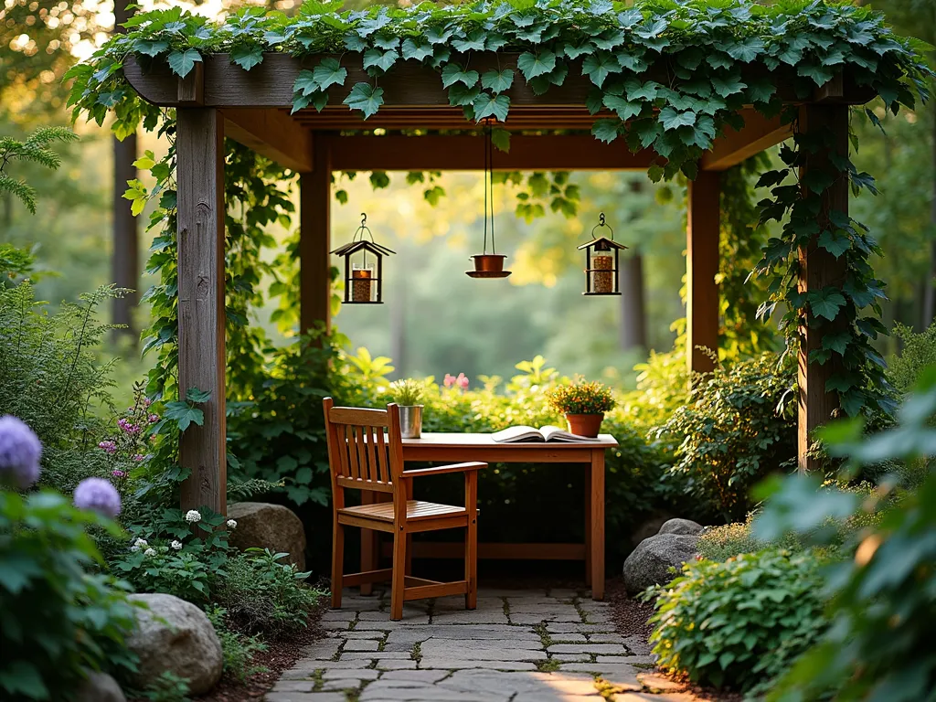 Woodland Writing Retreat Garden Nook - A serene garden writing nook at dusk, photographed with a DSLR wide-angle lens. A handcrafted cedar writing desk and vintage wooden chair sit beneath a natural wood pergola draped with climbing hydrangea. Native ferns, hostas, and woodland wildflowers create a lush border. Copper wind chimes gently sway nearby, while rustic bird feeders hang from shepherd's hooks. Dappled evening light filters through Japanese maple leaves overhead, creating atmospheric shadows on the weathered desk surface. Natural stone pavers lead to the intimate space, bordered by moss-covered rocks and native woodland plants. The scene captures the perfect balance between cultivated garden design and wild woodland charm.