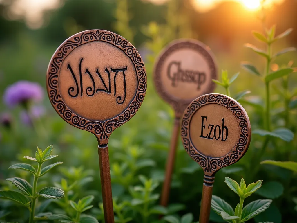 Elegant Biblical Plant Labels in Garden Setting - Close-up shot of handcrafted copper plant markers in a lush garden setting at golden hour. The elegant markers feature both common and biblical plant names in beautiful calligraphy, with ornate vine-like patterns etched along their edges. The markers are nestled among herbs and flowers, with one prominently displaying 'Hyssop - Ezob' in Hebrew-inspired lettering. Soft evening sunlight filters through the foliage, creating a warm, ethereal glow on the weathered copper surfaces. Shot at f/2.8 with shallow depth of field, capturing intricate details of the metalwork while maintaining a dreamy, bokeh background of the garden.