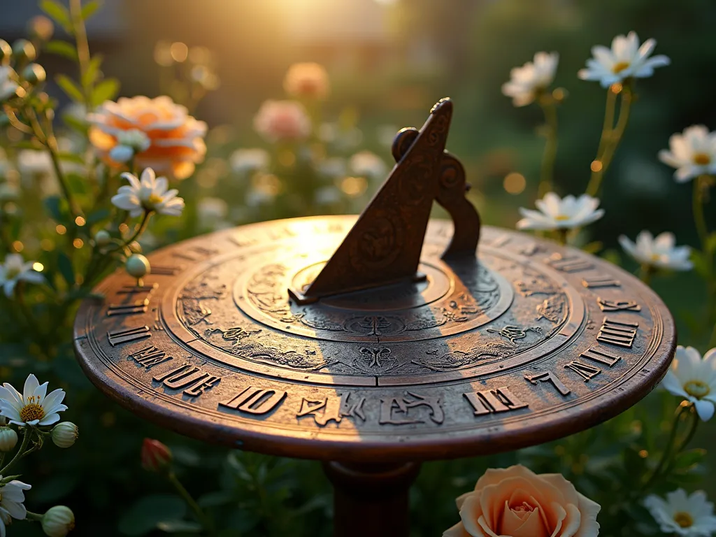 Garden of Eden Copper Sundial at Dawn - A stunning close-up photograph of an ornate copper sundial in a lush garden setting at dawn, shot with a 16-35mm lens at f/2.8, ISO 400. The sundial features intricate engravings of the Tree of Life, serpents, and biblical scenes etched into its weathered surface. Golden morning light catches the polished copper gnomon, casting dramatic shadows across ancient numerals surrounded by paradise motifs. The sundial is nestled among blooming Eden roses, white lilies, and trailing jasmine vines. Dew drops glisten on surrounding foliage, creating a magical atmosphere. The background shows a misty English cottage garden with subtle bokeh effect.