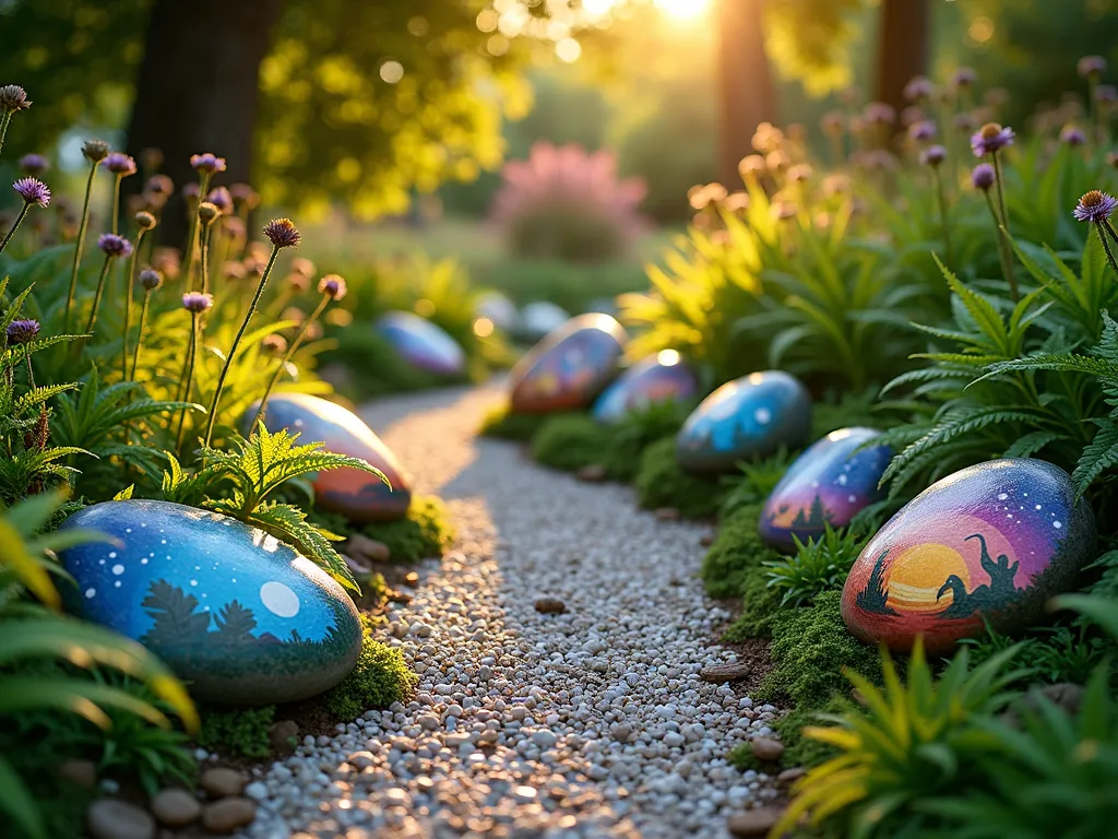 Creation Story Garden Path - A serene garden path at golden hour, lined with large, hand-painted river stones depicting creation story scenes. The stones, approximately 12 inches in diameter, feature artistically painted scenes of stars, sun, animals, and paradise in vibrant colors. The winding path is bordered by lush green ferns and flowering perennials, with dappled sunlight filtering through overhead tree branches. Each stone is partially nestled in moss and surrounded by small white pebbles, creating a contemplative walking journey. Shot from a low angle perspective that emphasizes the stones' detailed artwork while capturing the path's natural curves and garden context. Photographed with soft, warm lighting that highlights the stones' painted details and creates gentle shadows in the garden.