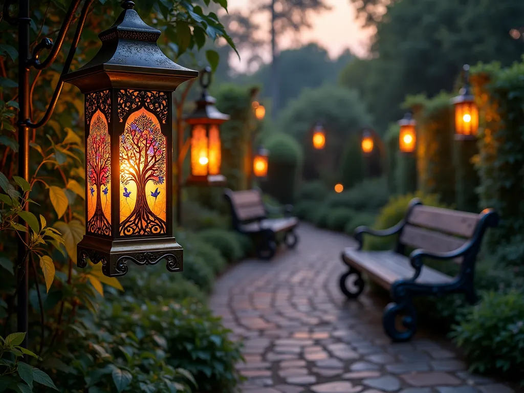 Enchanted Garden Lantern Paradise - A magical twilight garden scene featuring ornate copper and brass lanterns with stained glass panels displaying intricate Tree of Life patterns and dove motifs. The lanterns, hanging from wrought iron shepherd's hooks, cast ethereal patterns of colored light across a winding garden path. Solar-powered warm LED lights inside the lanterns create a mesmerizing interplay of light and shadow on surrounding lush foliage. The scene includes weathered stone benches draped with climbing jasmine, while the background shows more lanterns suspended at varying heights among mature trees. Soft focus, dramatic dusk lighting with golden hour glow, captured in a wide-angle perspective that emphasizes the magical atmosphere.