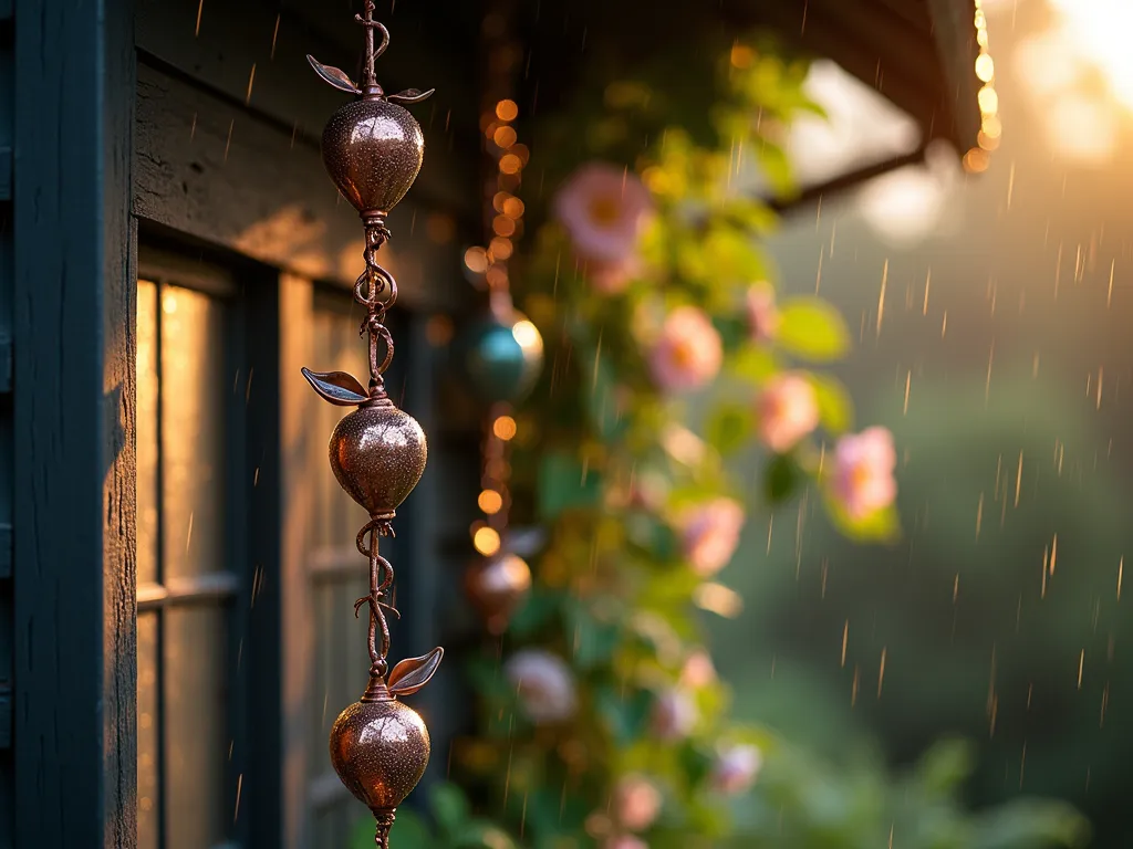 Garden Eden Rain Chain - A close-up, atmospheric shot of a handcrafted copper rain chain during a light evening drizzle, mounted against a dark cedar-sided house. The chain features intricately shaped copper elements including apple leaves, pomegranate fruits, and delicate serpentine forms, all patinated to a beautiful verdigris finish. Water droplets cascade down the chain, catching golden hour light, creating a mesmerizing display. The background shows blurred climbing roses and jasmine vines, with soft bokeh effects from water droplets. Shot with a 35mm focal length at f/2.8, creating a dreamy depth of field that highlights the craftsmanship of the copper elements.