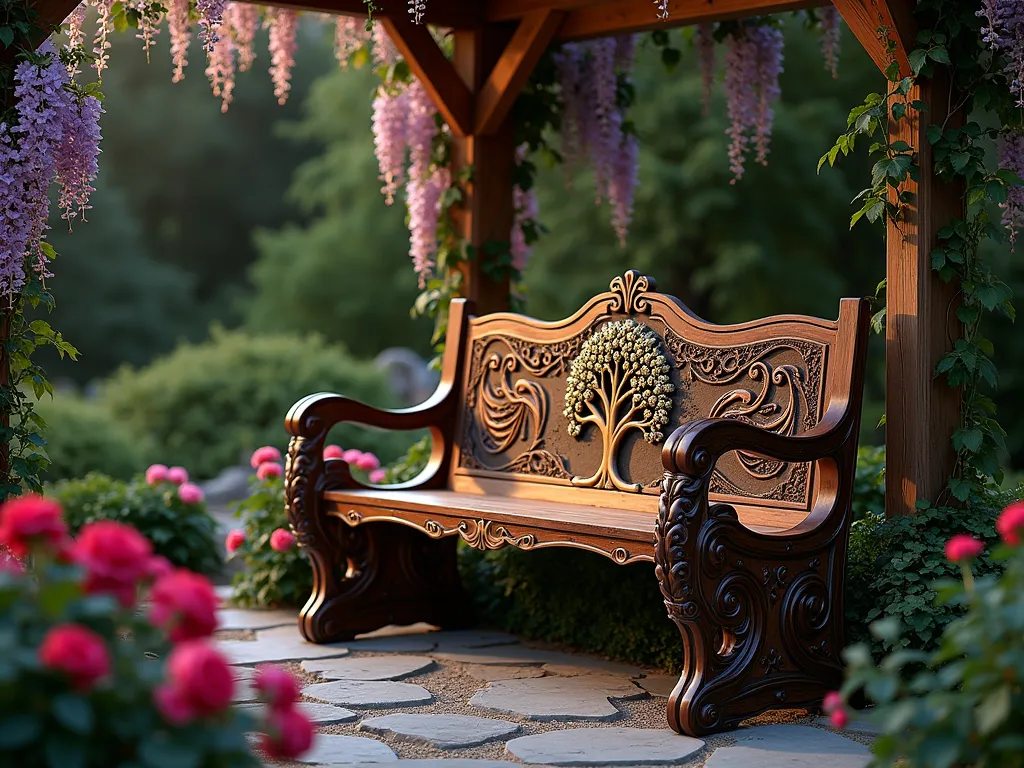 Eden-Inspired Garden Bench at Twilight - A meticulously crafted teak hardwood garden bench positioned in a lush garden setting at twilight, photographed from a 45-degree angle. The bench features intricately carved serpentine patterns along its arms and backrest, with bronze metalwork depicting the Tree of Life emerging from the bench's spine. Delicate LED lights illuminate the metalwork, creating ethereal shadows on the surrounding foliage. English roses and climbing jasmine frame the bench, while a natural stone path leads to it. The bench sits beneath a wooden pergola draped with wisteria vines. Shot with soft twilight lighting highlighting the metallic details and casting a warm, paradise-like glow across the scene. Shallow depth of field emphasizes the detailed craftsmanship of the biblical motifs, while maintaining context of the garden setting, DSLR, 24mm lens, f/8, ISO 100, 1/125s.