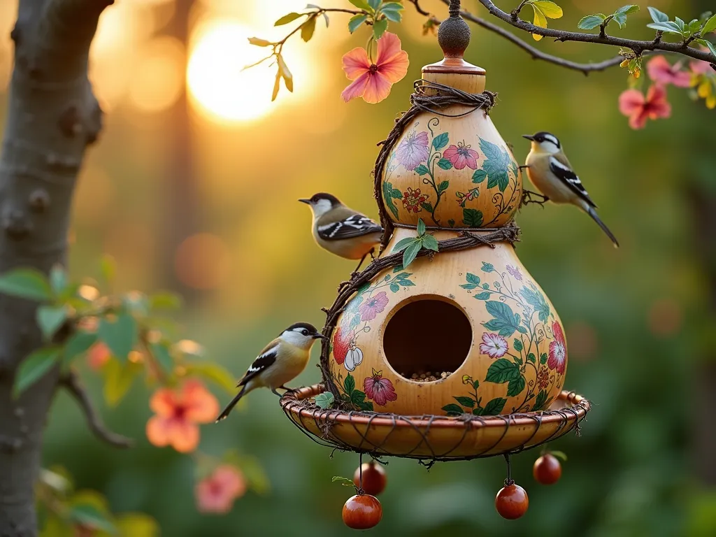 Eden-Inspired Natural Birdfeeder Garden Feature - A close-up shot of an artisanal birdfeeder at golden hour, crafted from a hollow bamboo stem and natural gourds, adorned with intricate vine wrappings and suspended from a flowering dogwood branch. The birdfeeder features hand-painted scenes from the Garden of Eden, with delicate motifs of fruits, flowers, and wildlife. Small birds perch on its multiple feeding ports while morning glories and jasmine vines naturally weave around its structure. The background shows a softly focused cottage garden with dappled sunlight filtering through the trees, creating an ethereal paradise-like atmosphere. The feeder is garnished with copper wire accents forming tree of life patterns, and small carved wooden apples and figs hang decoratively from its base.