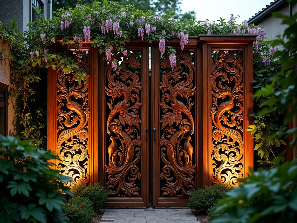 Eden-Inspired Wooden Privacy Screen with Living Wall - A stunning garden privacy screen at dusk, featuring intricately carved wooden panels with paradise motifs of peacocks, serpents, and tropical foliage. The 8-foot-tall screen is illuminated by soft garden lights, casting ethereal shadows. Lush climbing jasmine, wisteria, and passion flowers weave through the carved openings, creating a living tapestry. Medium-angle shot capturing the screen's integration with a contemporary garden space, showing both the detailed craftsmanship and the natural plant growth. The wood has a rich mahogany finish, and golden hour light filters through the foliage, creating a magical atmosphere.