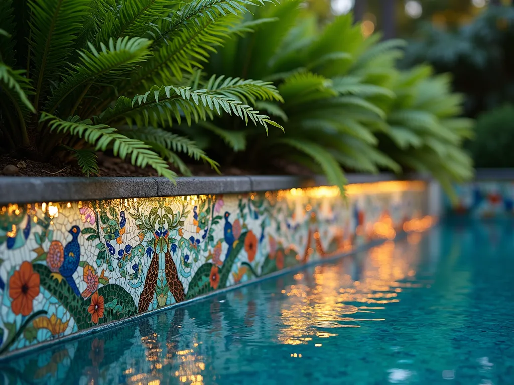 Eden-Inspired Pool Mosaic Border - A close-up twilight photograph of an elegant garden pool edge featuring an intricate mosaic border design. The mosaic depicts colorful peacocks, serpents, and tropical flowers in vibrant blues, greens, and golds, crafted from hand-cut glass tiles. Iridescent and mother-of-pearl tiles catch the last rays of sunlight, creating a magical shimmer where the mosaic meets the water. Lush ferns and tropical plants frame the scene, their reflection dancing on the pool's surface. Shot with shallow depth of field focusing on the detailed mosaic work, with the water creating a dreamy, paradise-like atmosphere. A 16-35mm lens captures both the intricate detail and the surrounding garden context.