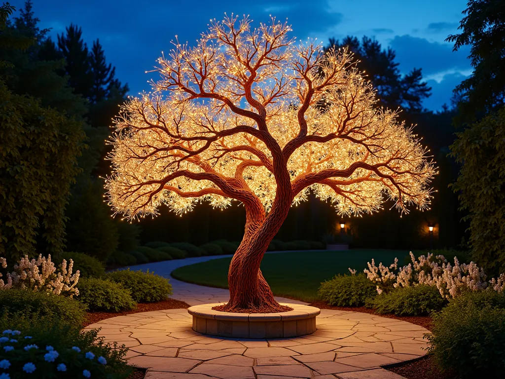 Enchanted Tree of Knowledge Garden Light - A mystical twilight garden scene featuring a majestic 8-foot copper wire tree sculpture as the centerpiece, with intricate branches spiraling outward against a deep blue dusk sky. Thousands of warm white LED lights are delicately woven through the metallic branches, creating a ethereal golden glow that reflects off the polished copper wire. The illuminated tree stands on a circular stone patio surrounded by lush garden beds filled with white flowering moonflowers and night-blooming jasmine. Low landscape lighting casts dramatic shadows across the textured stone surface, while climbing ivy gently wraps around the tree's base. The entire scene is captured in a wide-angle perspective that shows the tree's commanding presence in the garden space, with bokeh effects from the twinkling lights creating a dreamy, paradise-like atmosphere.