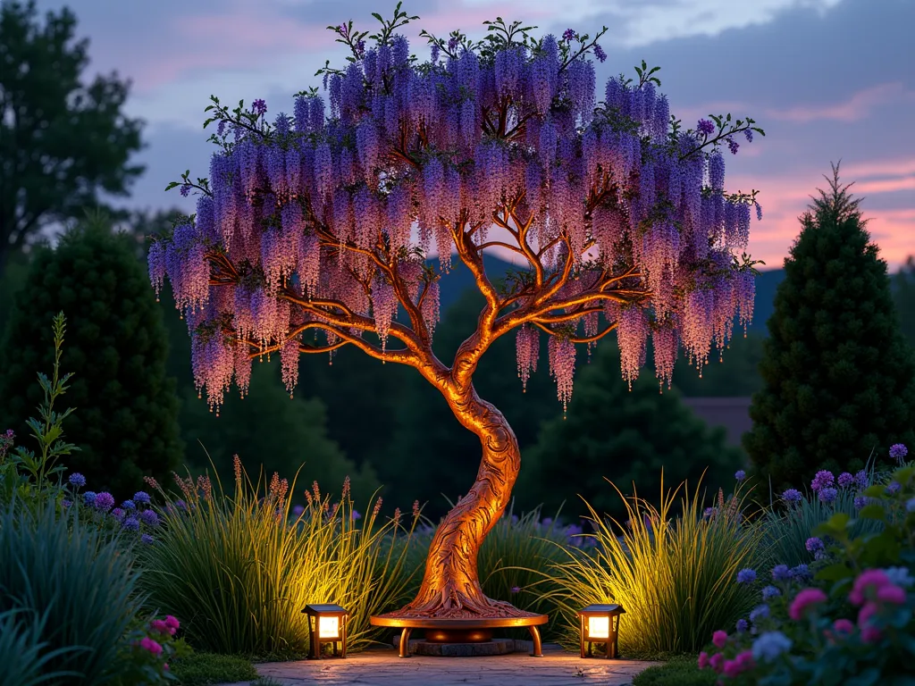 Enchanted Tree of Life Garden Trellis - A dramatic dusk garden scene featuring a 8-foot tall ornate copper-verdigris trellis crafted in the shape of a majestic Tree of Life, its intricate branches forming elegant climbing spaces. Deep purple wisteria and white moonflowers wind through the sculptural branches, creating a mesmerizing silhouette against the warm sunset sky. The trellis stands as a centerpiece in a lush garden corner, surrounded by soft-lit ornamental grasses and flowering perennials. Small solar lights nestled in the base cast a mystical glow upward through the living botanical artwork, while dewdrops on the verdigris finish sparkle like stars. Captured in a diagonal composition showing both the full trellis and intimate details of the aged metalwork and blooming vines.