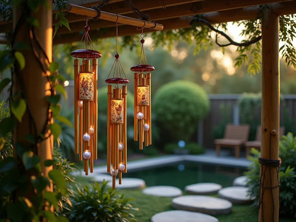 Ethereal Eden Wind Chimes at Dusk - A close-up shot of handcrafted oversized bamboo wind chimes hanging from a wooden pergola in a lush garden setting at dusk. The chimes feature hand-painted scenes of paradise with delicate florals and golden accents. Iridescent seashells and crystals are interwoven between smooth bamboo poles of varying lengths, creating a mesmerizing cascade effect. Soft garden lights illuminate the chimes as they gently sway in the evening breeze, casting ethereal shadows on the surrounding tropical foliage. A peaceful zen garden with smooth stones and moss is visible in the background, while climbing jasmine vines frame the scene, creating a dreamy, paradise-like atmosphere. Photorealistic, magical garden atmosphere, soft golden hour lighting, detailed craftsmanship.