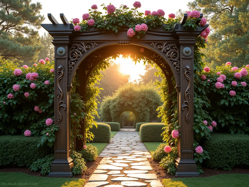 Ethereal Garden Entrance Arbor - A majestic 8-foot wooden garden arbor at golden hour, intricately carved with flowing vine patterns and adorned with bronze cherubim sculptures at the posts. The structure features weathered copper accents and is enveloped by climbing pink Eden roses and star jasmine in full bloom. Soft evening sunlight filters through the foliage, creating dappled shadows on a natural stone pathway beneath. The arbor serves as a grand entrance to a lush garden, with a mystical atmosphere enhanced by subtle landscape lighting and trailing vines.