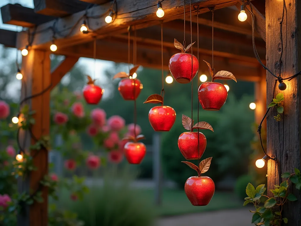 Garden Eden Apple Wind Chimes at Dusk - A close-up shot of ethereal wind chimes hanging from a rustic pergola at dusk, featuring handcrafted ceramic apples in deep red and gold glazes suspended at varying lengths. The apples are interspersed with metallic copper leaves that catch the warm evening light, and delicate brass bells that create a gentle tinkling sound. The background shows a softly lit garden with climbing roses and ivy, while string lights wrapped around the pergola posts create a magical atmosphere. The wind chimes cast intricate shadows on the weathered wood structure, with several apples gently swaying in the evening breeze.