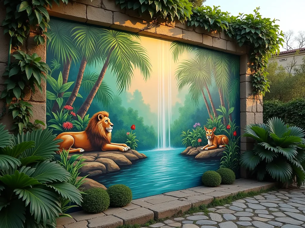 Garden of Eden Paradise Mural - A stunning wide-angle DSLR photo of a large garden mural painted on a weathered stone wall, captured during golden hour. The mural depicts a magical Garden of Eden scene with photorealistic details, featuring vibrant emerald palm fronds, tropical flowers, and a central flowing waterfall painted in weather-resistant exterior paints. Peaceful lions and deer are depicted resting near the painted water's edge, while metallic gold and silver highlights accent divine rays of light streaming through painted tree canopies. The real garden below the mural features matching tropical plants that seem to blend seamlessly with the painted scene, creating a three-dimensional effect. Natural ivy partially climbing the wall's edges adds depth, while strategic garden lighting illuminates the artwork. Shot at f/8 with perfect depth of field, capturing both the intricate mural details and the living garden elements in sharp focus.