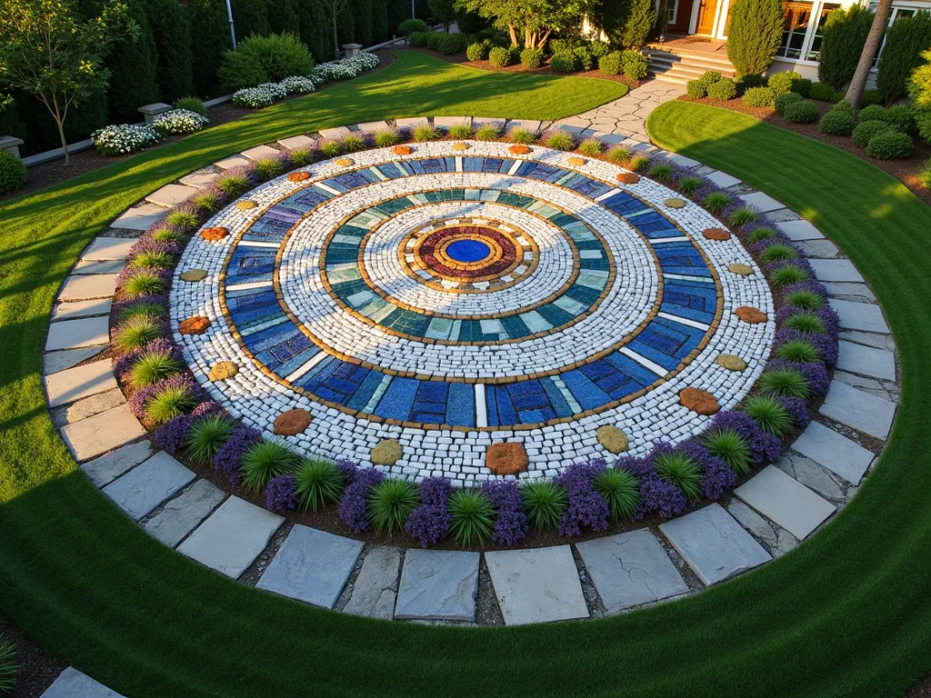 Garden of Life Mandala Installation - Aerial view of a stunning circular garden mandala, 15 feet in diameter, photographed during golden hour. The intricate pattern features concentric circles of polished river stones in varying shades of blue, white, and terra cotta, forming a mesmerizing spiral pattern. The design incorporates living elements with carefully placed lavender plants, white flowering alyssum, and deep purple salvia arranged in symmetrical patterns. Mosaic glass pieces in emerald and cobalt blue catch the evening light, while small reflecting pools at cardinal points represent the four rivers of Eden. The mandala is centered in a manicured lawn, bordered by weathered stone pavers, creating a meditation focal point visible from a second-story deck. Natural shadows from nearby trees cast intricate patterns across the installation, enhancing its mystical atmosphere. Shot with a wide-angle lens at f/8, capturing the perfect balance between detail and overall composition.