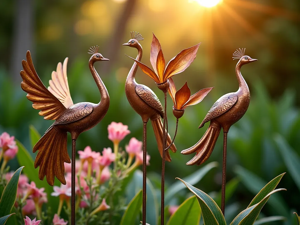 Golden Paradise Garden Stakes at Dusk - A close-up DSLR photo of elegant copper and gold-toned garden stakes arranged in a lush garden bed, shot during golden hour. The handcrafted metal stakes feature intricate sculptures of peacocks, doves, and paradise flowers, standing 3-4 feet tall among blooming tropical plants. The stakes catch the warm evening light, creating magical reflections and shadows across the garden. Weather-treated copper elements showcase patina details, while hand-painted gold accents add divine shimmer. Shot with a wide-angle lens at f/8, capturing the depth of surrounding foliage and the artistic details of each sculptural piece.