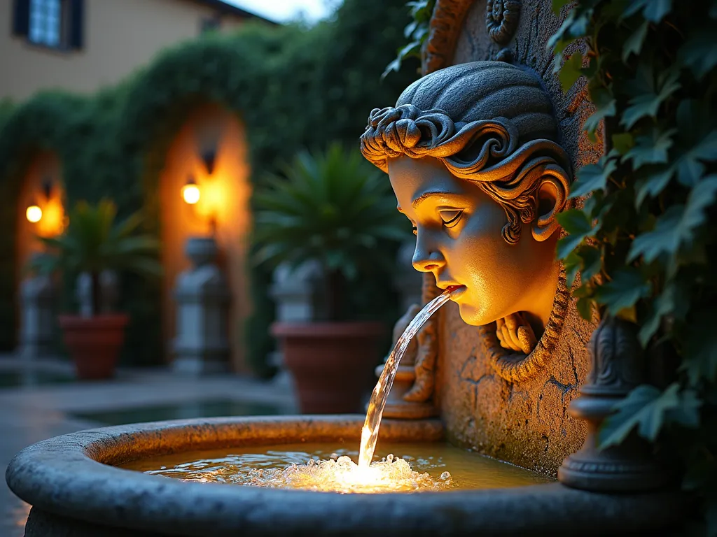 Illuminated Angel Fountain Wall - A dramatic close-up shot at dusk of an ornate stone wall fountain featuring a beautifully sculpted angel face mask with water gracefully cascading from its mouth. The fountain is mounted on a weathered stone wall covered in climbing ivy, with warm LED uplighting creating ethereal shadows across the intricate facial features. Small water jets create delicate streams that catch the light, forming a mesmerizing curtain of water. The background shows a blurred Mediterranean-style garden with potted palms and classical statuary. Shot with shallow depth of field focusing on the angel's serene expression, capturing the interplay of light, water, and shadow. 8K, highly detailed, professional lighting, artistic composition.