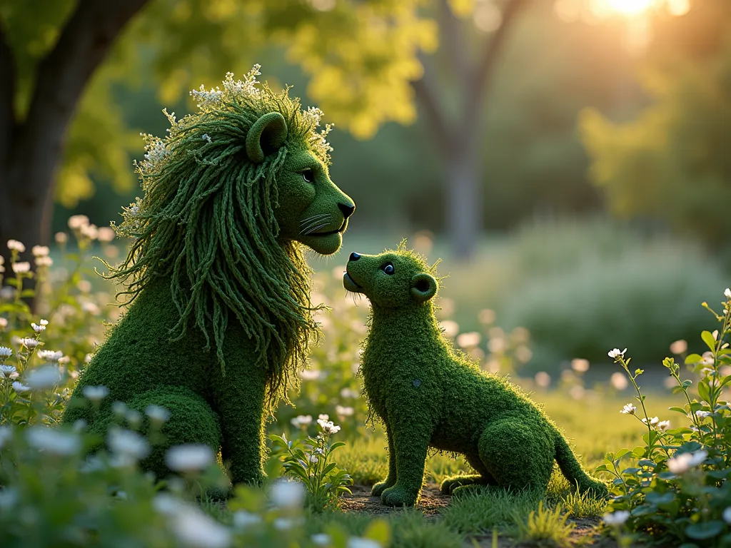 Moss-Covered Lion and Lamb Garden Sculpture - A stunning dusk garden scene featuring an artistic wire-frame sculpture of a peaceful lion and lamb pair, beautifully covered in lush green moss and delicate climbing jasmine. The sculpture sits as a centerpiece in a tranquil garden corner, surrounded by flowing ornamental grasses and white flowering perennials. Soft golden hour lighting filters through nearby trees, casting gentle shadows across the sculpture. Shot from a low angle perspective with shallow depth of field, highlighting the intricate details of the moss-covered wire frame and the natural interaction between the two animals. Fine tendrils of jasmine flowers cascade around the figures, creating an ethereal, paradise-like atmosphere.