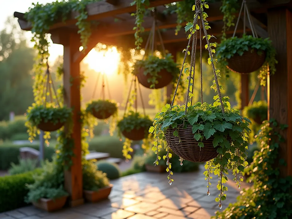 Paradise Hanging Garden at Dusk - A mesmerizing twilight garden scene featuring multiple levels of handcrafted hanging planters made from intricately woven grapevines and weathered teak wood, suspended from a rustic wooden pergola. Cascading plants like string of pearls, trailing jasmine, and flowering wisteria create ethereal curtains of greenery at varying heights. Shot at golden hour with warm sunlight filtering through the layers of foliage, casting magical shadows on a natural stone patio below. The wide-angle perspective captures the full vertical depth of the floating garden paradise, while soft bokeh effects highlight dewdrops on leaves. Crystal pendant lights intertwined with the planters add a magical glow to the scene.