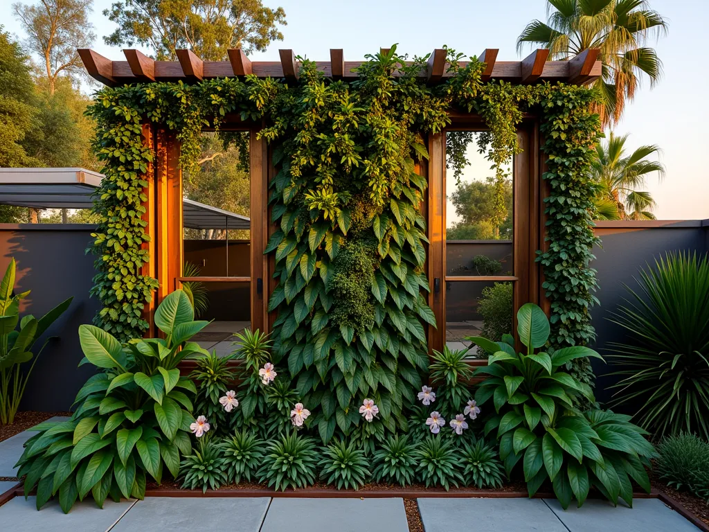 Paradise Living Wall at Sunset - A stunning DSLR wide-angle photograph of a luxuriant living wall in a modern backyard, captured during golden hour. The 12-foot vertical garden features a sophisticated wooden frame system with cascading philodendrons, vibrant orchids, and climbing monstera deliciosa. Strategic placement of antiqued mirrors creates infinite reflections of the tropical foliage. Copper and brass elements weave through the installation, catching the warm sunset light. The wall is dotted with flowering jasmine and passion flower vines, their blooms creating delicate contrast against the lush green backdrop. Subtle LED lighting begins to glow as dusk approaches, creating a magical paradise atmosphere. Shot at f/8 with natural lighting highlighting the textural details of the foliage and metallic accents.