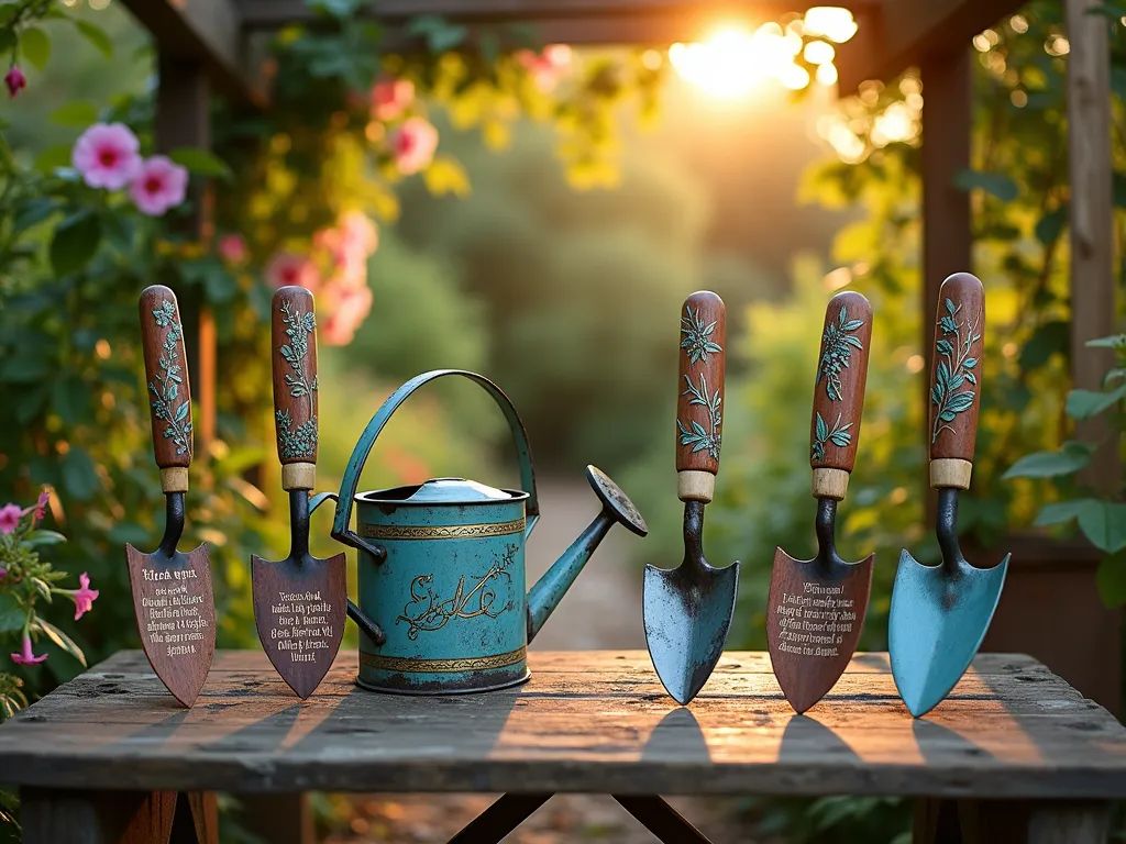 Paradise-Themed Garden Tools Display - Close-up DSLR photo of artistically customized garden tools arranged on a rustic wooden potting bench in a lush garden setting during golden hour. Hand-painted wooden handles feature intricate vine patterns and delicate Biblical quotes in calligraphy. A vintage watering can with burned-in Eden motifs sits among the tools, while climbing roses and morning glories create a natural frame. Soft evening sunlight filters through overhead pergola, casting warm shadows across the weathered wood. Tools include hand trowels, pruning shears, and a spade, each uniquely decorated with paradise themes in muted earth tones and gold accents. Shot with shallow depth of field focusing on the detailed artwork of the tool handles, f/8, ISO 100, natural lighting.