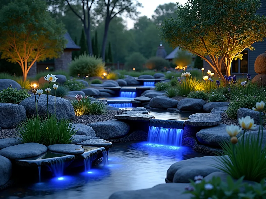 Eden's River Water Feature at Twilight - A serene twilight garden scene featuring a gently winding stream water feature crafted from polished river rocks of varying sizes. The meandering water feature splits into four interconnected channels, each illuminated by soft blue LED underwater lights creating a ethereal glow. Natural stone bridges cross the streams, while lush water lilies, iris, and marsh marigolds grace the water's edge. Japanese forest grass and creeping jenny cascade over the weathered rocks, softening the edges. The surrounding garden space includes mature trees casting dappled shadows, with strategic landscape lighting highlighting their forms. Captured with a wide-angle lens at f/2.8, creating a dreamy bokeh effect in the background while maintaining sharp detail of the water feature. The evening light creates magical reflections on the water's surface, while subtle mist rises from the gently flowing streams.