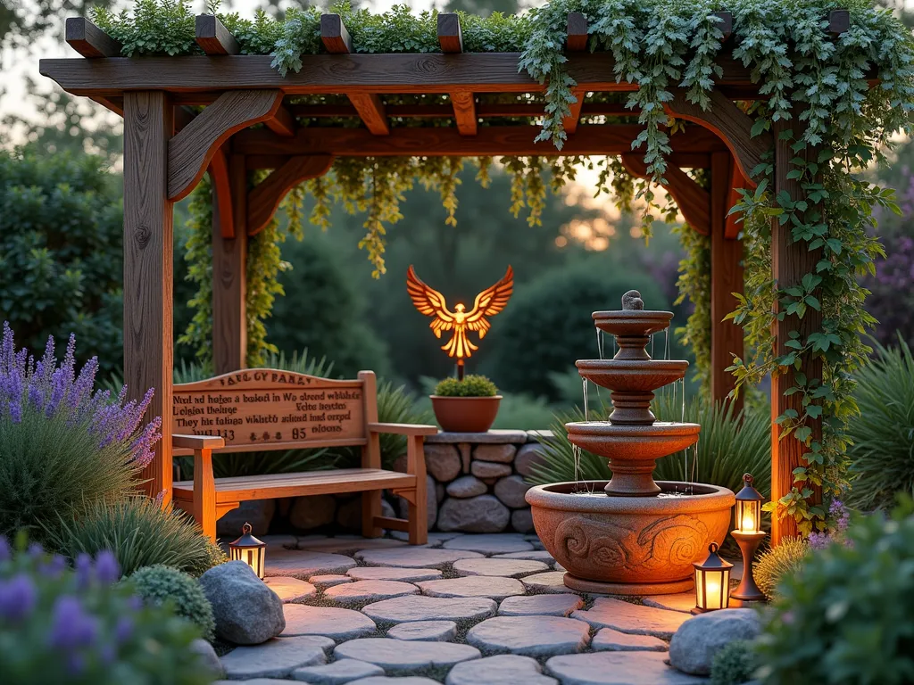 Serene Prayer Garden Sanctuary - A tranquil garden meditation space at dusk, photographed in soft, ethereal lighting. A handcrafted wooden prayer bench with intricate carved scripture sits beneath a weathered pergola draped with climbing jasmine. A small, tiered copper fountain creates gentle water sounds, surrounded by lavender and white sage. Stone pathways lined with river rocks lead to the peaceful sanctuary. Ornate metal garden art featuring angel wings and biblical verses catches the last rays of sunlight. Soft LED lanterns illuminate the space while potted rosemary and fragrant herbs create a sensory experience. Shot from a medium-wide angle to capture the intimate atmosphere and spiritual ambiance. Photorealistic, cinematic lighting, magical atmosphere.