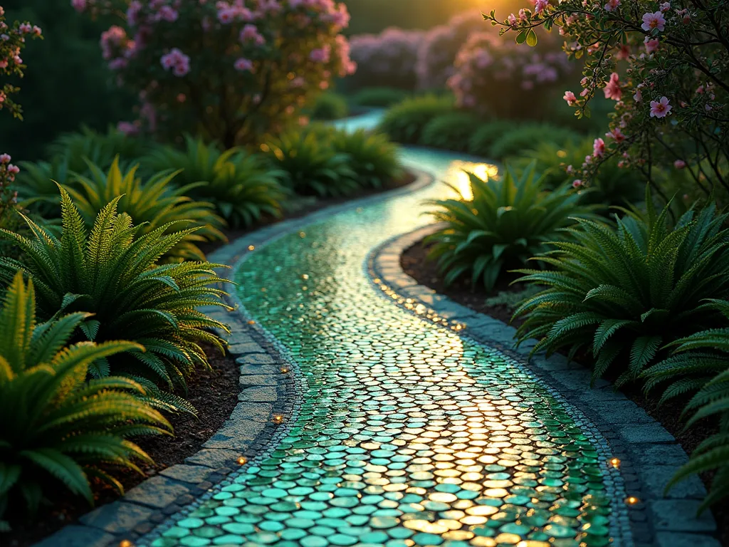 Serpentine Mosaic Garden Path at Dusk - A mesmerizing winding garden path viewed from a low angle, crafted from intricate mosaic tiles in a serpentine pattern, glowing mysteriously at dusk. The path features iridescent emerald green and metallic gold tiles arranged like serpent scales, with subtle blue and copper accents catching the evening light. Lush ferns and ornamental grasses line both sides of the path, their shadows dancing on the gleaming tiles. Small embedded LED lights illuminate the path's edges, creating a magical atmosphere as day transitions to night. The sinuous path curves through a mystical garden setting, disappearing around a bend framed by flowering jasmine vines and weeping cherry trees.