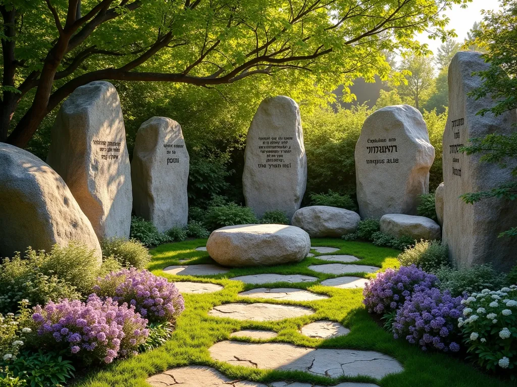 Ancient Stone Garden Sanctuary - A serene garden setting at golden hour, captured with a wide-angle lens showcasing massive weathered limestone boulders artfully arranged in a semicircle. The ancient-looking stones feature delicately carved Hebrew scripture, with one central 6-foot boulder serving as a natural meditation seat. Soft emerald moss carpets the base of the stones while purple-flowering creeping thyme weaves between them. Dappled sunlight filters through overhead Japanese maple branches, creating ethereal light patterns on the stone engravings. The composition includes a natural stone pathway leading to the arrangement, with Mediterranean herbs and white flowering plants softening the edges. Photographed with professional DSLR camera settings: f/8, ISO 100, 1/125 sec, capturing the interplay of golden light and stone textures.