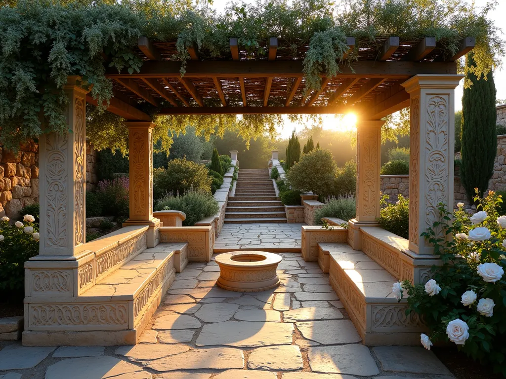 Biblical Garden Stone Seating Haven - Wide-angle dusk photograph of a serene garden seating area, featuring hand-carved limestone benches with intricate Tree of Life motifs, arranged in a semi-circle. Ancient olive wood pergola overhead draped with flowering wisteria vines providing dappled shade. Surrounding the seating are terraced beds of lavender, frankincense, and myrrh plants. Warm evening light filtering through the vines creates ethereal shadows on the weathered stone floor. Natural stone steps leading to the seating area are flanked by Mediterranean cypress trees and blooming white roses. Shot with a 16-35mm lens at f/2.8, ISO 400, capturing the golden hour ambiance and detailed stone carving work.