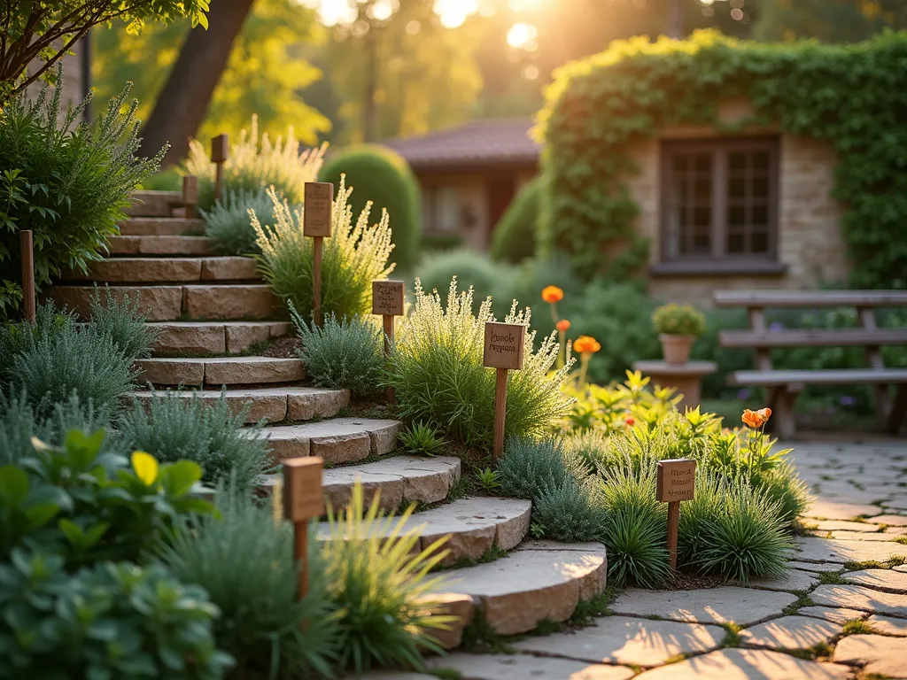 Biblical Herb Spiral Garden at Sunset - A professional photograph of an elegantly designed spiral herb garden at golden hour, shot with a 16-35mm lens at f/2.8, ISO 400. The spiral rises 4 feet high, crafted from natural stone blocks with Mediterranean styling. Terraced levels showcase biblical herbs: hyssop cascading over the edges, silver-green sage catching the warm light, and fresh mint creating lush patches. Golden sunlight filters through the herbs, casting gentle shadows across the stone pathways. Small wooden plant markers with biblical references add authenticity. The background shows a blurred cottage garden with climbing roses. Includes a rustic wooden bench nearby for meditation. Shot from a low angle to emphasize the vertical dimension and architectural beauty of the spiral.