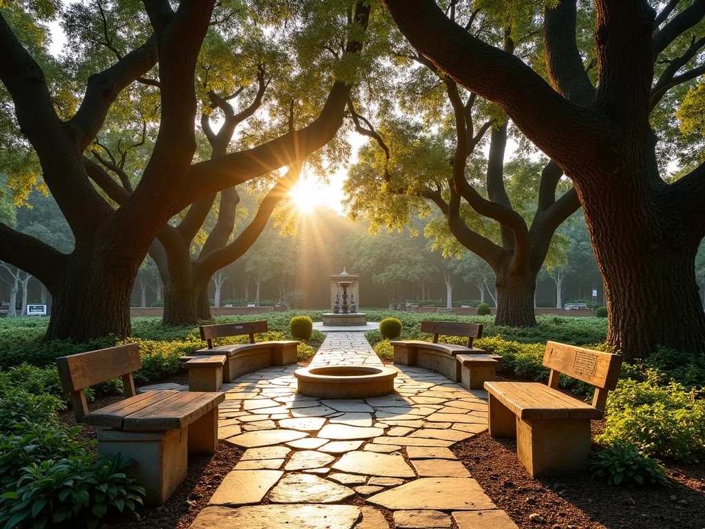 Biblical Wisdom Tree Grove at Dusk - A serene garden grove at dusk featuring majestic cedar, cypress, and oak trees arranged in a contemplative circle. Golden hour sunlight filters through the ancient branches, casting ethereal shadows on rustic wooden benches below. Stone pathways wind between the trees, leading to a central meditation area with a decorative stone fountain. Vintage-style educational bronze plaques mounted on natural stone pedestals share biblical stories. Soft landscape lighting illuminates the trees from below, while climbing jasmine and native wildflowers carpet the ground. Captured with a wide-angle lens to showcase the full spiritual atmosphere of this sacred garden space, with dramatic depth and perspective. Professional photographic style with warm, golden tones and natural bokeh effect.