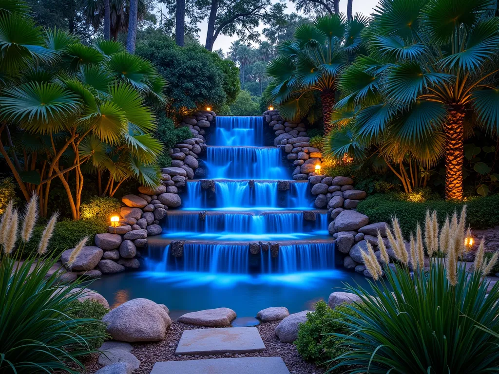 Cascading Paradise Waterfall at Dusk - A breathtaking wide-angle photograph of a multi-tiered natural stone waterfall in a lush backyard garden, shot at dusk. The 8-foot waterfall cascades over three levels of weathered granite, creating mesmerizing water patterns. Strategically placed LED uplighting illuminates the falling water, casting a ethereal blue glow. Dense tropical foliage frames the scene, with massive elephant ears, bird of paradise, and climbing philodendrons creating a jungle-like canopy. Mist rises from the base pool, catching the warm lighting. The composition is photographed using a 16-35mm lens at f/2.8, ISO 400, with a 2-second exposure to capture the silky water movement. Natural stone pavers create a meandering path leading to the water feature, while ornamental grasses sway gently in the foreground.